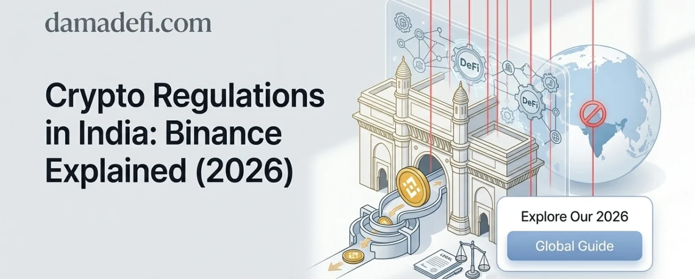 A clean, minimalist illustration showing the Gateway of India integrated with digital DeFi nodes and legal scales, symbolizing Binance's regulatory framework in India for 2026.