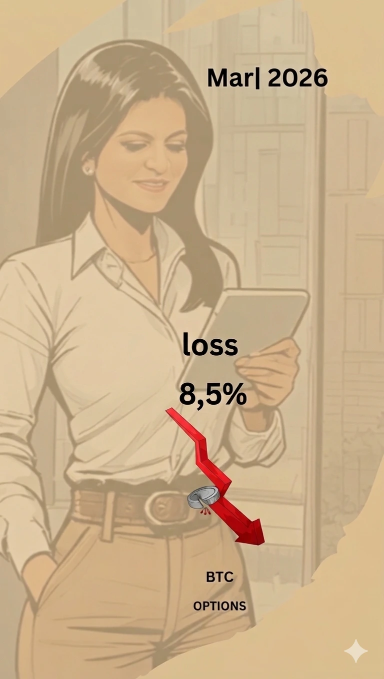 Mock-up DamaDeFi Março 2026: Prejuízo de 8,5% em opções de Bitcoin.