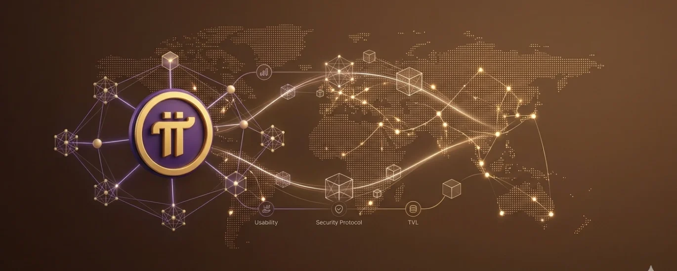 Ilustração técnica e minimalista em fundo café. À esquerda, a logomarca dourada e roxa da Pi Network, conectada a um grafo de Nós validador SCP e ícones de 'Usability' e 'Security Protocol'. À direita, uma abelha dourada estilizada, representando a Bee Network, conectada a um grafo simples de prova social. Uma rede de blocos e conexões globais se expande entre os dois, representando a auditoria de descentralização on-chain.