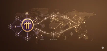 Ilustração técnica e minimalista em fundo café. À esquerda, a logomarca dourada e roxa da Pi Network, conectada a um grafo de Nós validador SCP e ícones de 'Usability' e 'Security Protocol'. À direita, uma abelha dourada estilizada, representando a Bee Network, conectada a um grafo simples de prova social. Uma rede de blocos e conexões globais se expande entre os dois, representando a auditoria de descentralização on-chain.