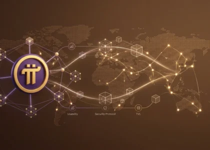 Ilustração técnica e minimalista em fundo café. À esquerda, a logomarca dourada e roxa da Pi Network, conectada a um grafo de Nós validador SCP e ícones de 'Usability' e 'Security Protocol'. À direita, uma abelha dourada estilizada, representando a Bee Network, conectada a um grafo simples de prova social. Uma rede de blocos e conexões globais se expande entre os dois, representando a auditoria de descentralização on-chain.