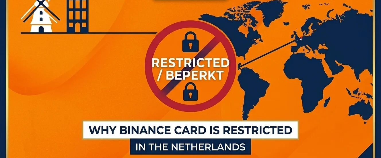 rofessional 1000x600 hero banner for DamaDeFi. Features a vibrant Dutch orange background with a world map and a prominent red restriction symbol. The text reads 'WHY BINANCE CARD IS RESTRICTED IN THE NETHERLANDS - THE 2026 COMPLIANCE AUDIT' on clean white and blue bars. Stylized icons of a windmill and Amsterdam houses are visible in the corner.