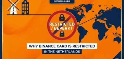rofessional 1000x600 hero banner for DamaDeFi. Features a vibrant Dutch orange background with a world map and a prominent red restriction symbol. The text reads 'WHY BINANCE CARD IS RESTRICTED IN THE NETHERLANDS - THE 2026 COMPLIANCE AUDIT' on clean white and blue bars. Stylized icons of a windmill and Amsterdam houses are visible in the corner.