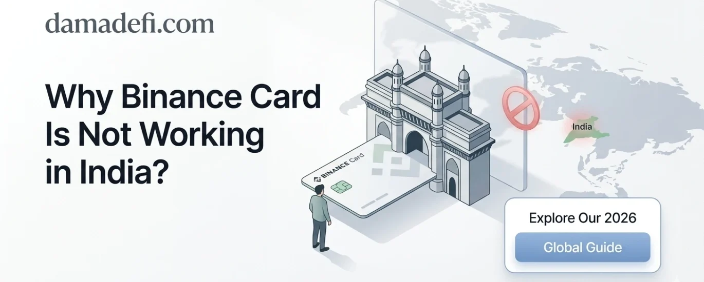 A minimalist, clean line-art illustration of a Binance Card stuck in a symbolic Gateway of India portal, with a universal stop symbol over the map of India.