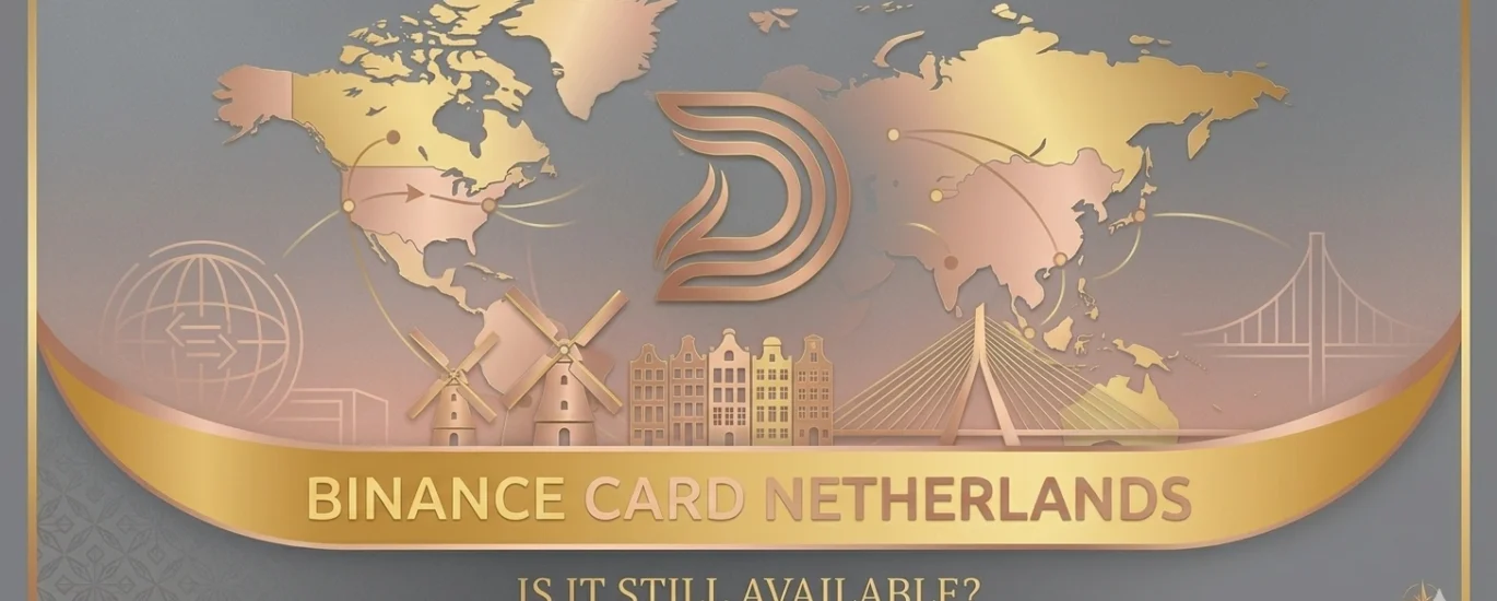 An elegant 1200x600 hero banner with a matte grey and rose gold gradient background, featuring a stylized gold and rose gold world map focused on the Netherlands. Integrated icons like windmills and canal houses are subtly visible. A central gold stylized 'D' DamaDeFi logo is above the main title 'BINANCE CARD NETHERLANDS - IS IT STILL AVAILABLE?' on a golden ribbon. The overall design is minimal, clean, and professional.