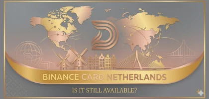 An elegant 1200x600 hero banner with a matte grey and rose gold gradient background, featuring a stylized gold and rose gold world map focused on the Netherlands. Integrated icons like windmills and canal houses are subtly visible. A central gold stylized 'D' DamaDeFi logo is above the main title 'BINANCE CARD NETHERLANDS - IS IT STILL AVAILABLE?' on a golden ribbon. The overall design is minimal, clean, and professional.