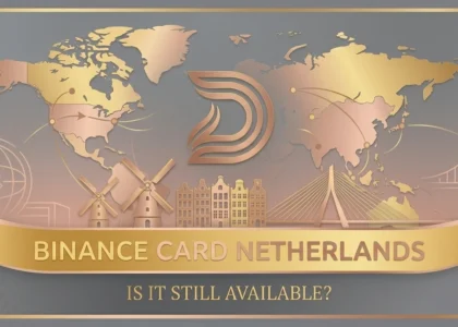 An elegant 1200x600 hero banner with a matte grey and rose gold gradient background, featuring a stylized gold and rose gold world map focused on the Netherlands. Integrated icons like windmills and canal houses are subtly visible. A central gold stylized 'D' DamaDeFi logo is above the main title 'BINANCE CARD NETHERLANDS - IS IT STILL AVAILABLE?' on a golden ribbon. The overall design is minimal, clean, and professional.