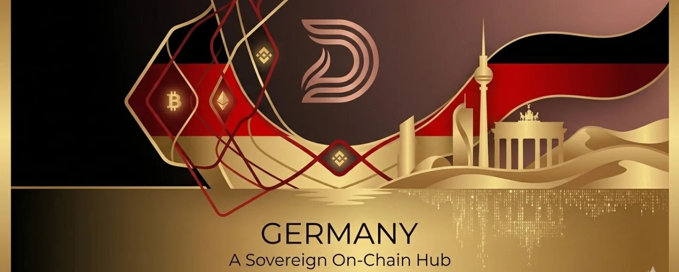 A minimalist and sophisticated hero banner for the German crypto market. It features an abstract skyline of Berlin with the Brandenburg Gate and TV Tower in gold and rose gold tones. The background integrates the black, red, and gold of the German flag into a fluid, on-chain digital network with subtle Bitcoin and Binance icons.