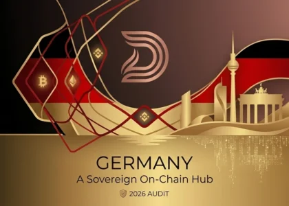 A minimalist and sophisticated hero banner for the German crypto market. It features an abstract skyline of Berlin with the Brandenburg Gate and TV Tower in gold and rose gold tones. The background integrates the black, red, and gold of the German flag into a fluid, on-chain digital network with subtle Bitcoin and Binance icons.