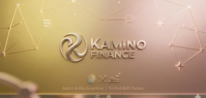 Uma imagem de capa minimalista com estética luxuosa em tons de dourado e rosé. No centro, o logotipo metálico da Kamino Finance. Abaixo, três ícones estilizados representam 