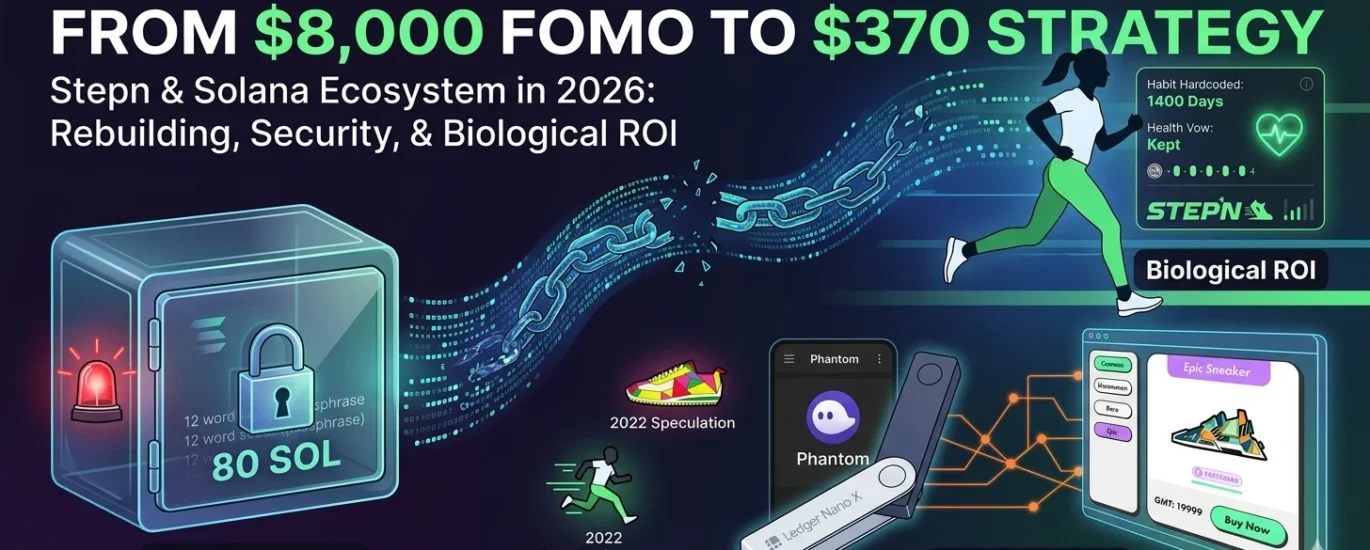 A 1200x600px hero image for the Dama DeFi blog, titled 'Solana 2026: Rebuilding After an 80 SOL Loss', visually contrasting the 2022 Speculation phase with the 2026 Utility and Security strategy