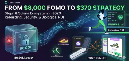 A 1200x600px hero image for the Dama DeFi blog, titled 'Solana 2026: Rebuilding After an 80 SOL Loss', visually contrasting the 2022 Speculation phase with the 2026 Utility and Security strategy