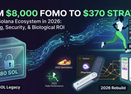 A 1200x600px hero image for the Dama DeFi blog, titled 'Solana 2026: Rebuilding After an 80 SOL Loss', visually contrasting the 2022 Speculation phase with the 2026 Utility and Security strategy