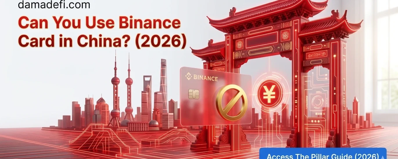 A vibrant, modern hero cover image for damadefi.com, showing an international Binance Card blocked at a high-tech red Chinese gateway with Digital Yuan symbols, symbolizing the restriction in mainland China.