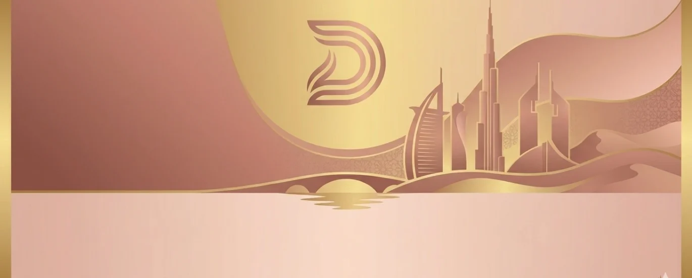 Minimalist rose gold and gold abstract skyline of United Arab Emirates landmarks, featuring Burj Khalifa and Burj Al Arab, with stylized 'D' DamaDeFi logo. A premium graphic for the '2026 Sovereign Guide' article, 1200x600 pixels.