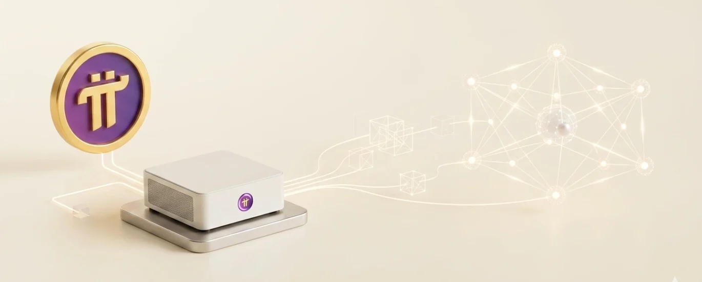 Ilustração técnica e minimalista em fundo creme. À esquerda, a logomarca dourada e roxa da Pi Network. Dela saem linhas de luz conectadas a um computador estilo workstation ou Mini-PC, que processa dados. Deste dispositivo, uma rede de blocos e conexões globais se expande, representando um nó validador descentralizado e a infraestrutura de mineração on-chain.