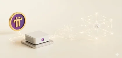 Ilustração técnica e minimalista em fundo creme. À esquerda, a logomarca dourada e roxa da Pi Network. Dela saem linhas de luz conectadas a um computador estilo workstation ou Mini-PC, que processa dados. Deste dispositivo, uma rede de blocos e conexões globais se expande, representando um nó validador descentralizado e a infraestrutura de mineração on-chain.