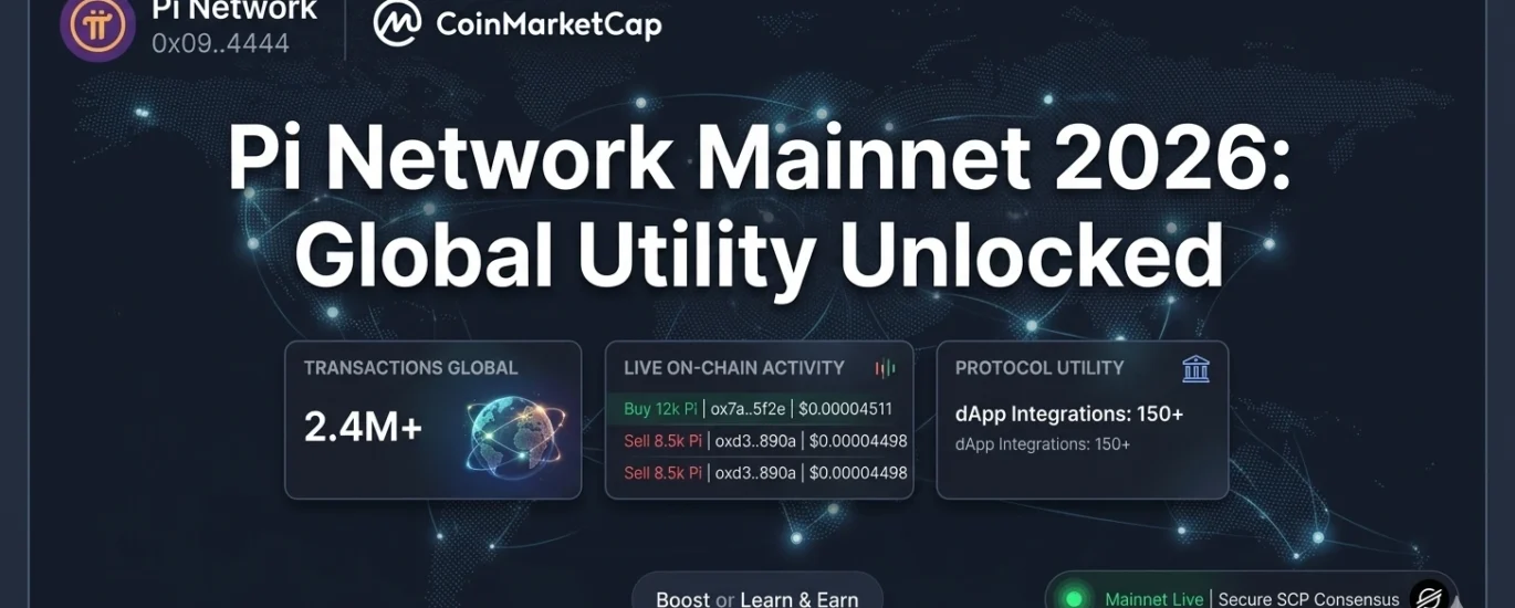 Infográfico técnico da Pi Network Mainnet 2026 mostrando um mapa-múndi de rede global, logs de transações de compra e venda, métricas de 2.4M+ transações e status de segurança do protocolo SCP.