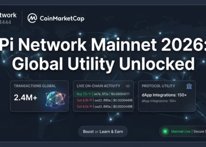Infográfico técnico da Pi Network Mainnet 2026 mostrando um mapa-múndi de rede global, logs de transações de compra e venda, métricas de 2.4M+ transações e status de segurança do protocolo SCP.