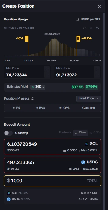 Captura de tela do painel de criação de posição na Orca DEX em modo escuro, mostrando a configuração manual de um range de liquidez concentrada com depósito total de 1.000 dólares, divididos de forma equilibrada entre os tokens SOL e USDC.