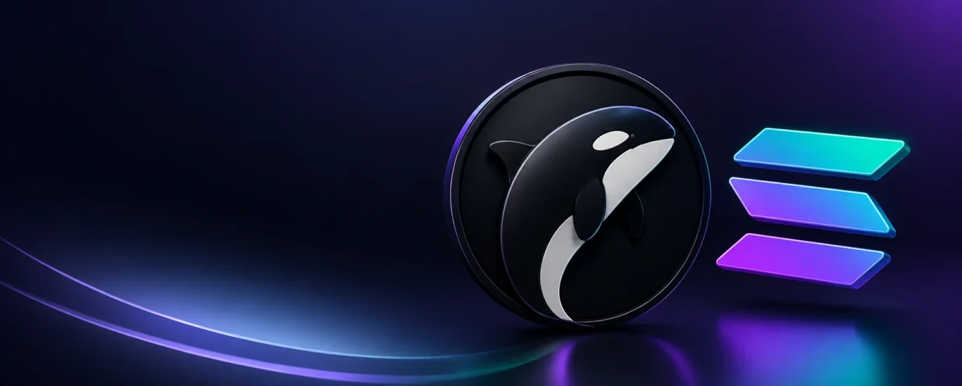Capa hero conceitual e minimalista sobre fundo preto absoluto, com traços geométricos finos e gradientes sutis em ciano e roxo neon que simbolizam de forma abstrata a fusão e conectividade entre os ecossistemas da Solana e da Orca DEX.