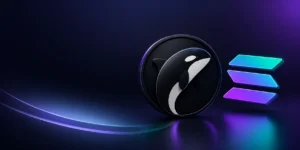 Capa hero conceitual e minimalista sobre fundo preto absoluto, com traços geométricos finos e gradientes sutis em ciano e roxo neon que simbolizam de forma abstrata a fusão e conectividade entre os ecossistemas da Solana e da Orca DEX.