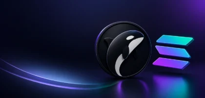 Capa hero conceitual e minimalista sobre fundo preto absoluto, com traços geométricos finos e gradientes sutis em ciano e roxo neon que simbolizam de forma abstrata a fusão e conectividade entre os ecossistemas da Solana e da Orca DEX.