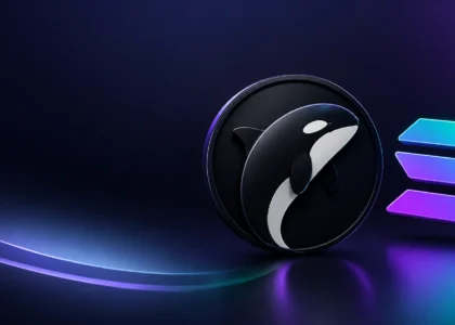 Capa hero conceitual e minimalista sobre fundo preto absoluto, com traços geométricos finos e gradientes sutis em ciano e roxo neon que simbolizam de forma abstrata a fusão e conectividade entre os ecossistemas da Solana e da Orca DEX.