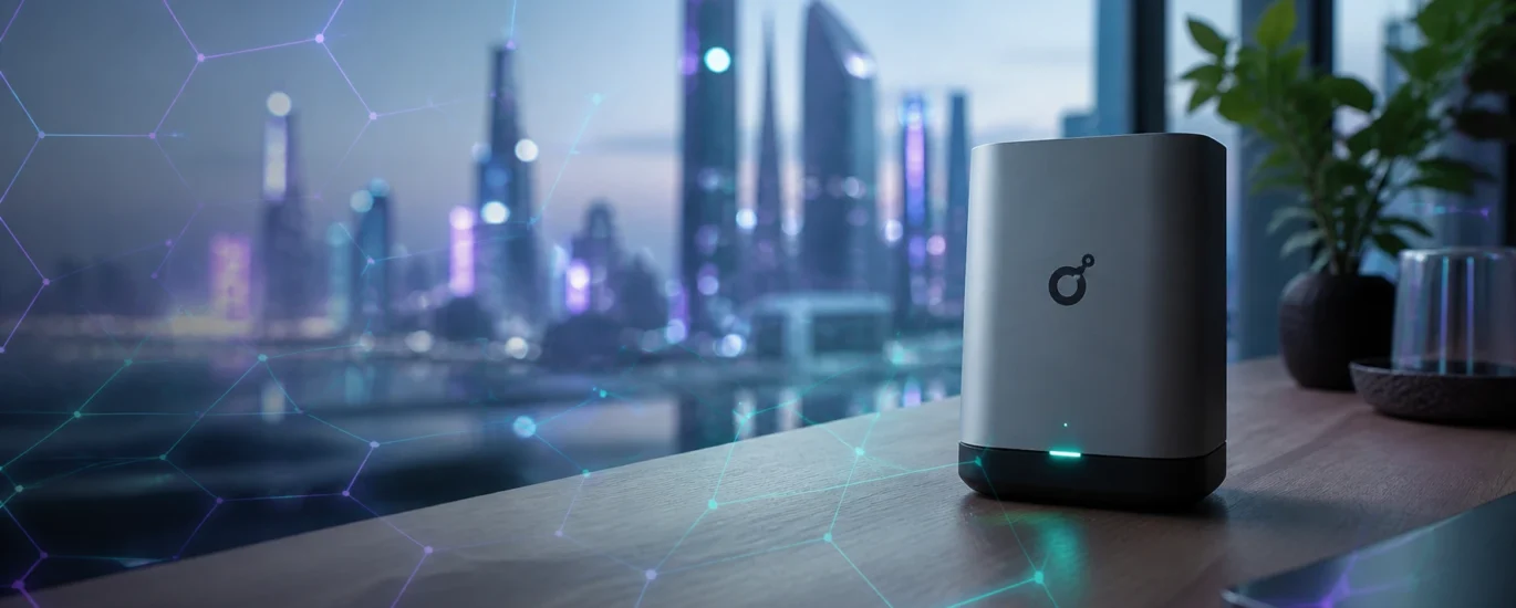 Modern Helium 5G hotspot on a wooden desk with a futuristic smart city view, overlaid with glowing violet and teal hexagonal network lines representing Solana blockchain connectivity.