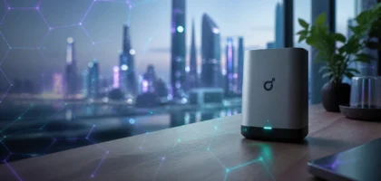 Modern Helium 5G hotspot on a wooden desk with a futuristic smart city view, overlaid with glowing violet and teal hexagonal network lines representing Solana blockchain connectivity.