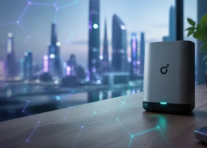 Modern Helium 5G hotspot on a wooden desk with a futuristic smart city view, overlaid with glowing violet and teal hexagonal network lines representing Solana blockchain connectivity.