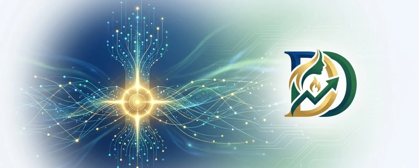 Uma composição digital limpa e futurista representando o conceito de um oráculo de dados blockchain. À esquerda, um núcleo de dados brilhante em tons de dourado e azul emana conexões neurais que simbolizam fluxos de informação em tempo real. À direita, a logomarca da Dama DeFi (um 'D' estilizado com um perfil feminino e um gráfico de crescimento verde) está integrada sobre um fundo branco minimalista com circuitos técnicos sutis.