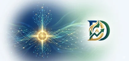 Uma composição digital limpa e futurista representando o conceito de um oráculo de dados blockchain. À esquerda, um núcleo de dados brilhante em tons de dourado e azul emana conexões neurais que simbolizam fluxos de informação em tempo real. À direita, a logomarca da Dama DeFi (um 'D' estilizado com um perfil feminino e um gráfico de crescimento verde) está integrada sobre um fundo branco minimalista com circuitos técnicos sutis.