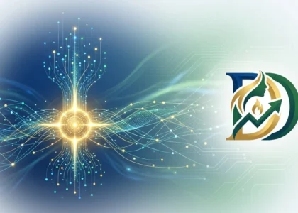 Uma composição digital limpa e futurista representando o conceito de um oráculo de dados blockchain. À esquerda, um núcleo de dados brilhante em tons de dourado e azul emana conexões neurais que simbolizam fluxos de informação em tempo real. À direita, a logomarca da Dama DeFi (um 'D' estilizado com um perfil feminino e um gráfico de crescimento verde) está integrada sobre um fundo branco minimalista com circuitos técnicos sutis.