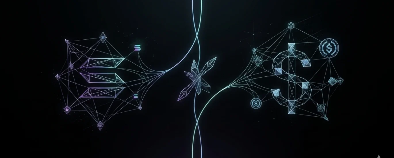 Capa hero artística e minimalista sobre fundo preto com constelações geométricas abstratas conectadas por linhas finas em ciano e roxo sutil, representando a dinâmica matemática entre os ecossistemas Solana (SOL) e USDC.