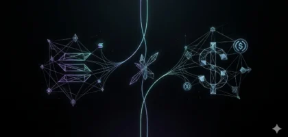 Capa hero artística e minimalista sobre fundo preto com constelações geométricas abstratas conectadas por linhas finas em ciano e roxo sutil, representando a dinâmica matemática entre os ecossistemas Solana (SOL) e USDC.