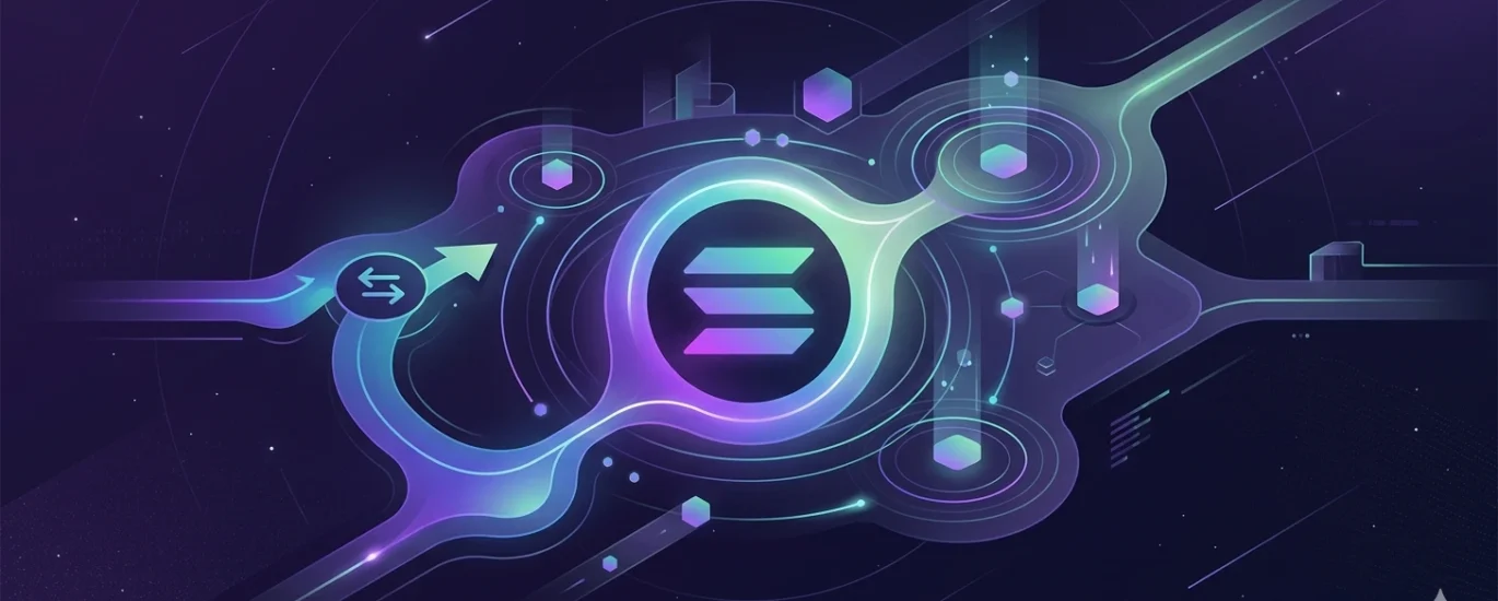Capa hero minimalista do ecossistema DeFi da Solana (SOL) em estilo digital futurista, com o logotipo da Solana centralizado e ícones abstratos brilhantes de swap e pools de liquidez conectados por linhas de fluxo neon em tons de roxo e azul, representando o gerenciamento de ativos na rede Web3.