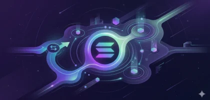 Capa hero minimalista do ecossistema DeFi da Solana (SOL) em estilo digital futurista, com o logotipo da Solana centralizado e ícones abstratos brilhantes de swap e pools de liquidez conectados por linhas de fluxo neon em tons de roxo e azul, representando o gerenciamento de ativos na rede Web3.