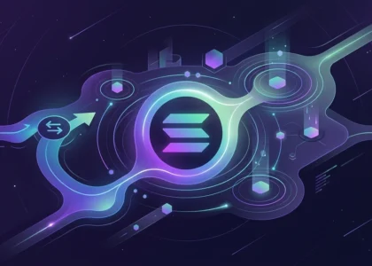Capa hero minimalista do ecossistema DeFi da Solana (SOL) em estilo digital futurista, com o logotipo da Solana centralizado e ícones abstratos brilhantes de swap e pools de liquidez conectados por linhas de fluxo neon em tons de roxo e azul, representando o gerenciamento de ativos na rede Web3.