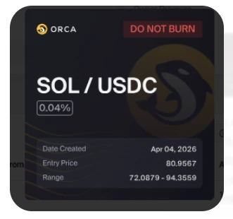 Um print de tela de um aplicativo móvel do protocolo Orca em modo escuro. No topo, há o logotipo da Orca e o par de tokens "SOL / USDC". Há um botão vermelho no topo direito que diz "DO NOT BURN" (NÃO QUEIME). Abaixo, lê-se "0.04%". No centro, um card de informações exibe os dados: "Date Created: Apr 04, 2026", "Entry Price: 80.9567" e "Range: 72.0879 - 94.3559". O fundo tem um desenho de uma orca dourada estilizada sobre um fundo preto.