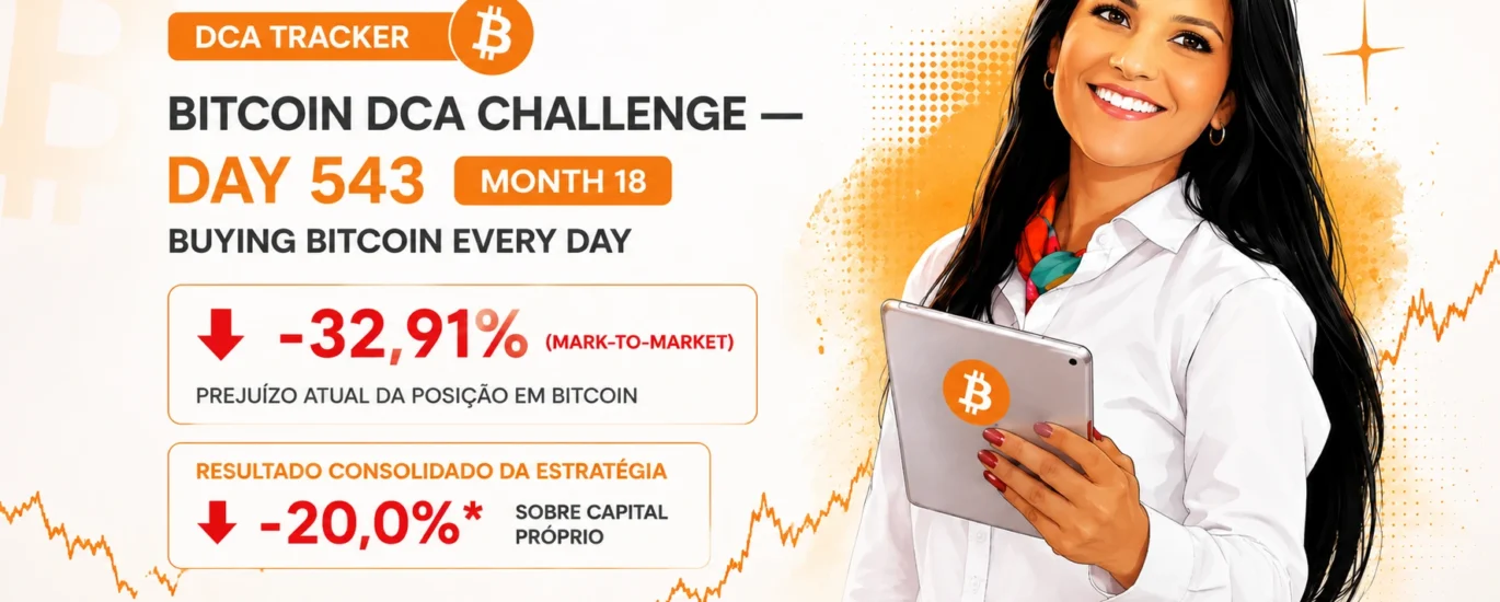 Ilustração do desafio DCA Bitcoin mostrando a atualização do Dia 543 de 3666 dias, com prejuízo temporário de 32,91% no Bitcoin (Mark-to-Market) e resultado consolidado da estratégia de aproximadamente 20%, incluindo Bitcoin, Solana e operações com opções.