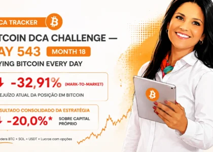 Ilustração do desafio DCA Bitcoin mostrando a atualização do Dia 543 de 3666 dias, com prejuízo temporário de 32,91% no Bitcoin (Mark-to-Market) e resultado consolidado da estratégia de aproximadamente 20%, incluindo Bitcoin, Solana e operações com opções.