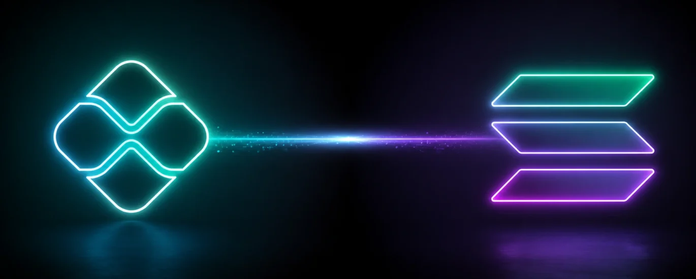 Banner minimalista representando uma integração entre o sistema de pagamentos Pix e a blockchain Solana, com os logotipos conectados por um feixe de luz neon sobre fundo escuro, simbolizando transferências instantâneas, baixas taxas e pagamentos internacionais em tempo real.