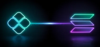 Banner minimalista representando uma integração entre o sistema de pagamentos Pix e a blockchain Solana, com os logotipos conectados por um feixe de luz neon sobre fundo escuro, simbolizando transferências instantâneas, baixas taxas e pagamentos internacionais em tempo real.