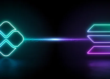 Banner minimalista representando uma integração entre o sistema de pagamentos Pix e a blockchain Solana, com os logotipos conectados por um feixe de luz neon sobre fundo escuro, simbolizando transferências instantâneas, baixas taxas e pagamentos internacionais em tempo real.