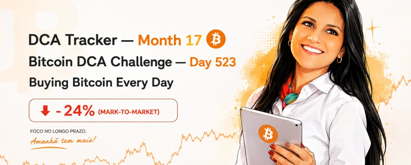 Caricatura da Dama DeFi sorrindo e segurando um tablet com símbolo do Bitcoin. Ao lado, painel informativo do desafio DCA Bitcoin mostrando 523 dias consecutivos de compras diárias, 17 meses de acumulação e drawdown temporário de 24%, reforçando a estratégia de investimento de longo prazo em Bitcoin.