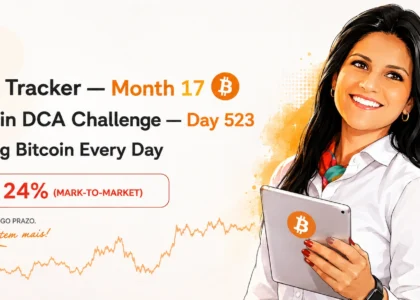 Caricatura da Dama DeFi sorrindo e segurando um tablet com símbolo do Bitcoin. Ao lado, painel informativo do desafio DCA Bitcoin mostrando 523 dias consecutivos de compras diárias, 17 meses de acumulação e drawdown temporário de 24%, reforçando a estratégia de investimento de longo prazo em Bitcoin.