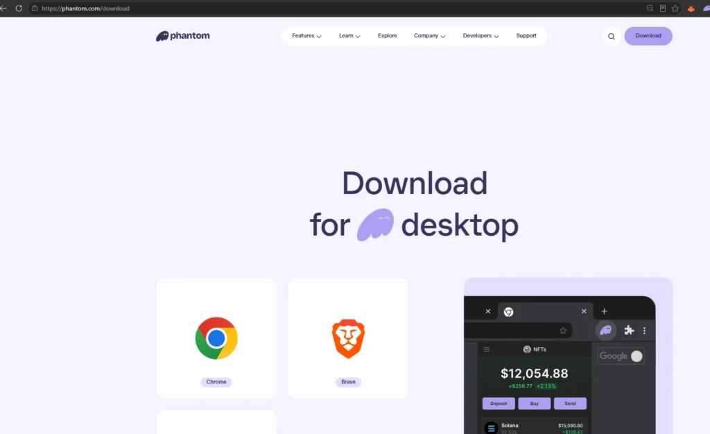 Página de download da carteira Phantom com opções de instalação para Google Chrome e Brave no desktop.