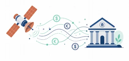 Ilustração vetorial de um satélite e um banco conectados por linhas de dados com ícones de moedas Dólar e Euro, simbolizando transferências internacionais.