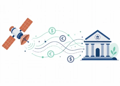Ilustração vetorial de um satélite e um banco conectados por linhas de dados com ícones de moedas Dólar e Euro, simbolizando transferências internacionais.